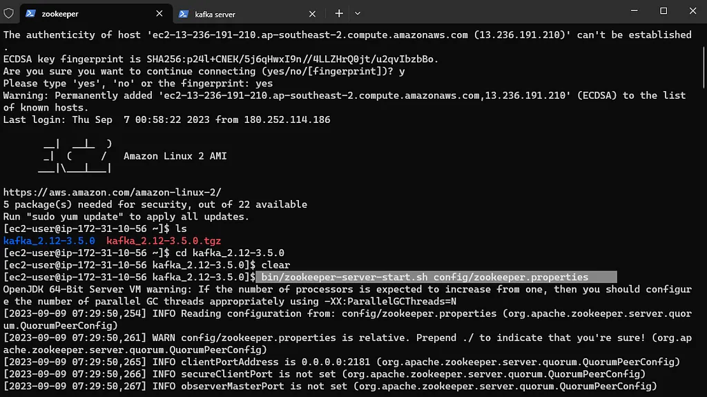 Screenshot: Connecting Amazon EC2 and Kafka